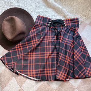 Glen Plaid Red and Black Skirt with Tie front. Schoolgirl academia style